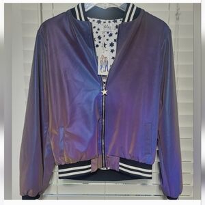 NWT Lola + The Boys Shimmer Hologram Reflective Bomber Jacket Silver Size 14